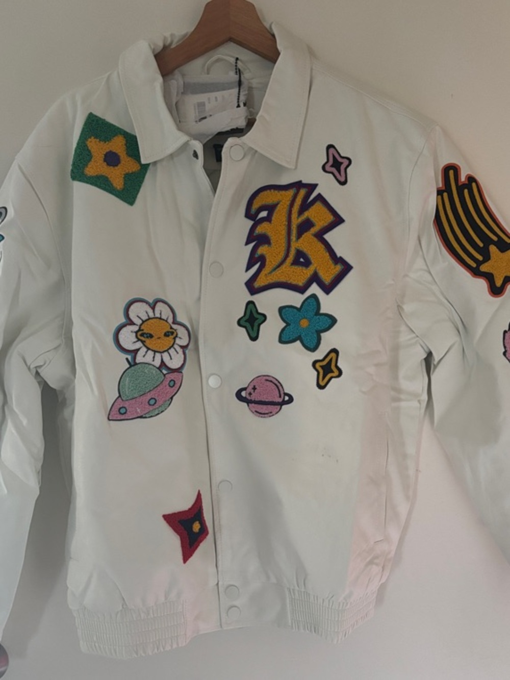 Kloud9 NY White moto biker Jean Jacket with Colorful Patchwork